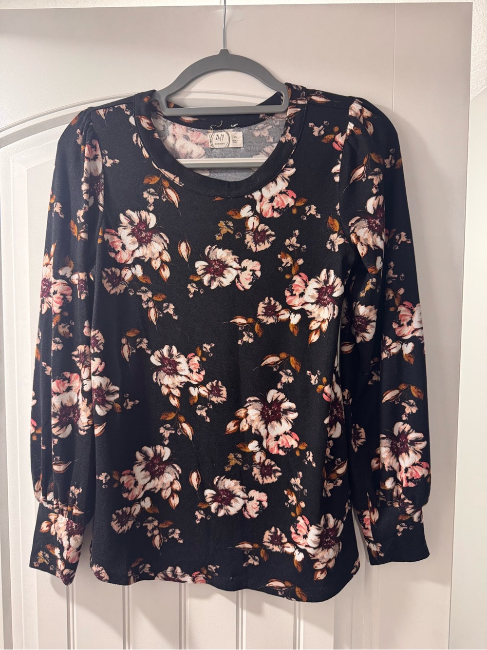 Maurices Black Long-Sleeve Floral Top with Pink and Brown Accents
